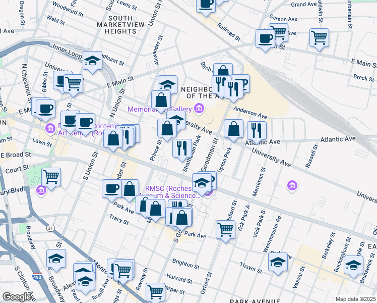 map of restaurants, bars, coffee shops, grocery stores, and more near 7 Strathallan Park in Rochester