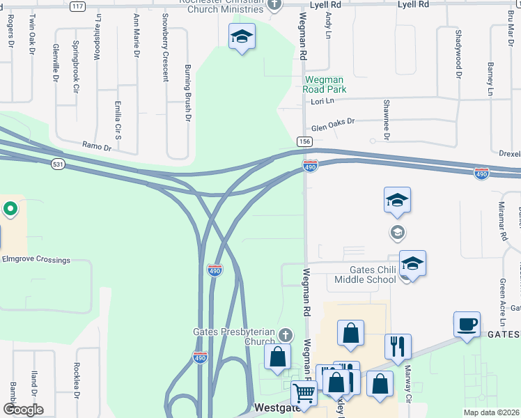 map of restaurants, bars, coffee shops, grocery stores, and more near 19 Tandoi Drive in Rochester