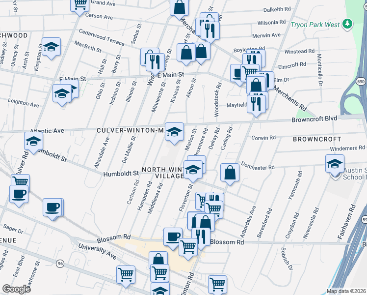 map of restaurants, bars, coffee shops, grocery stores, and more near 292 Marion Street in Rochester