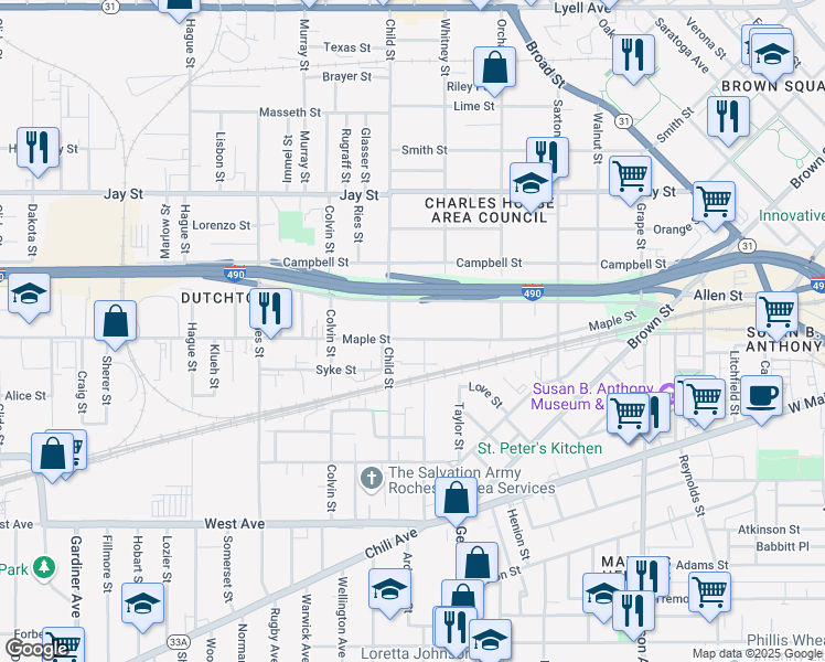 map of restaurants, bars, coffee shops, grocery stores, and more near 484 Maple Street in Rochester