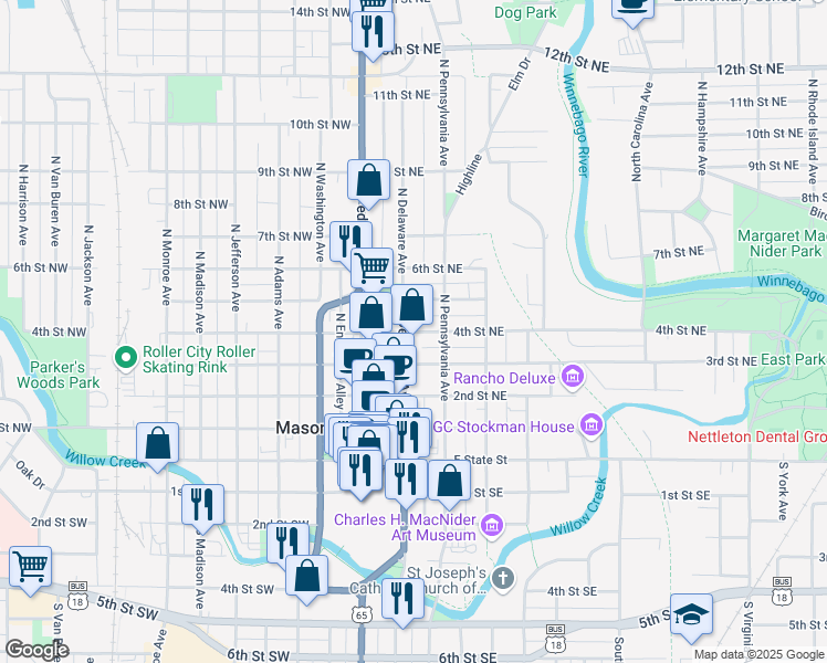 map of restaurants, bars, coffee shops, grocery stores, and more near 108 4th Street Northeast in Mason City