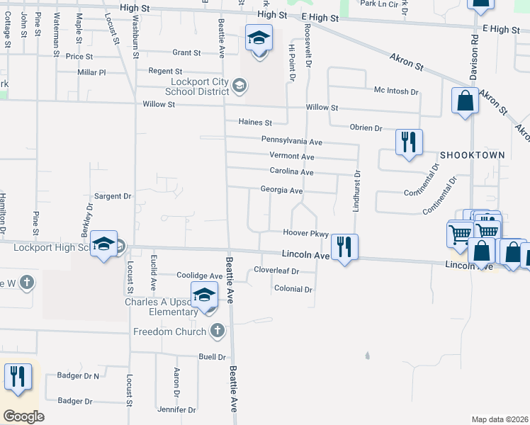 map of restaurants, bars, coffee shops, grocery stores, and more near 16 Alabama Place in Lockport