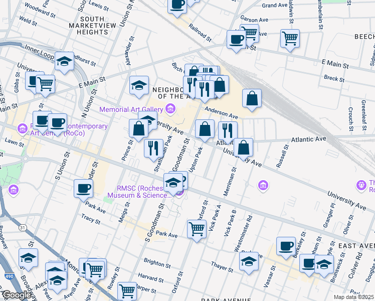 map of restaurants, bars, coffee shops, grocery stores, and more near 30 Goodman Street North in Rochester