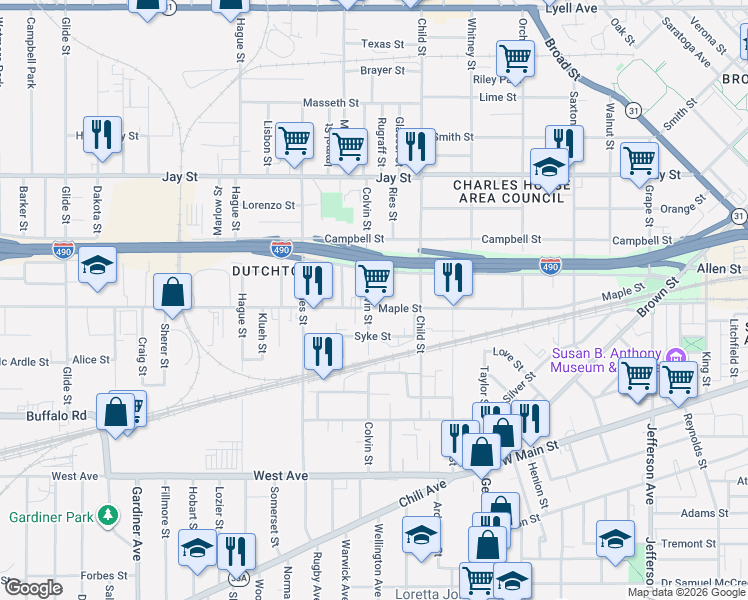 map of restaurants, bars, coffee shops, grocery stores, and more near 590 Maple Street in Rochester
