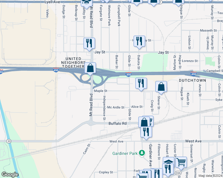 map of restaurants, bars, coffee shops, grocery stores, and more near 1136 Maple Street in Rochester