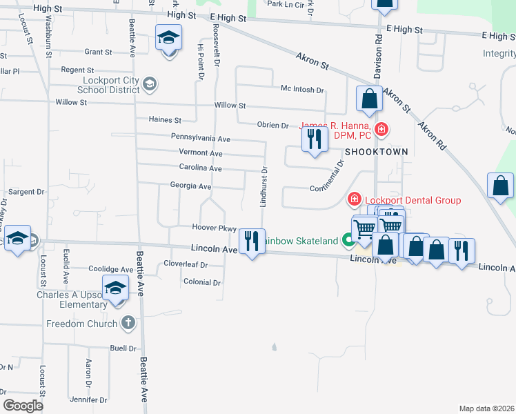 map of restaurants, bars, coffee shops, grocery stores, and more near 45 Alanview Drive in Lockport