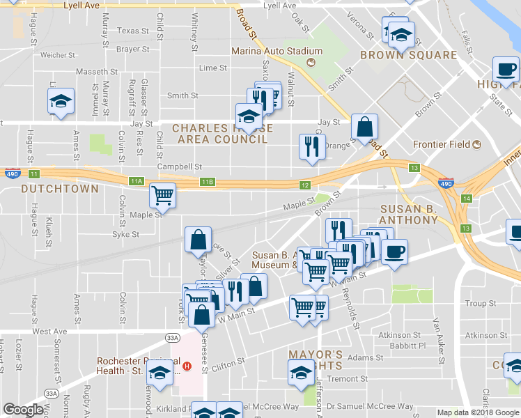 map of restaurants, bars, coffee shops, grocery stores, and more near 296 Maple Street in Rochester