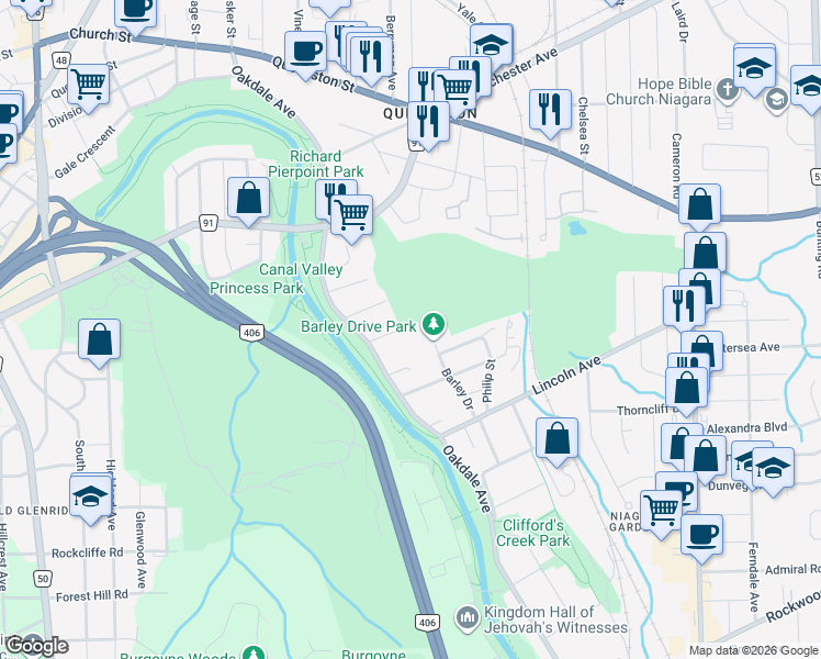 map of restaurants, bars, coffee shops, grocery stores, and more near 16 Capner Street in St. Catharines