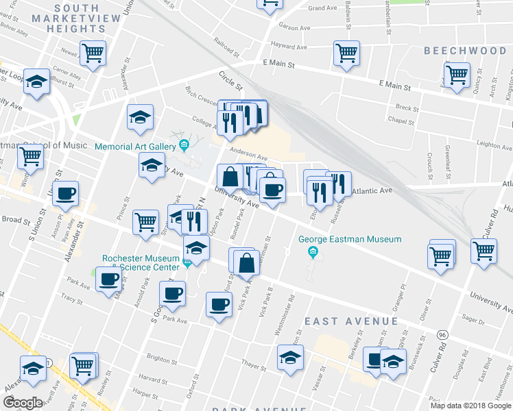 map of restaurants, bars, coffee shops, grocery stores, and more near University Avenue & Oxford Street in Rochester