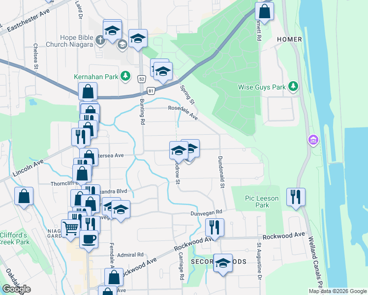 map of restaurants, bars, coffee shops, grocery stores, and more near 29 Bloomfield Avenue in St. Catharines