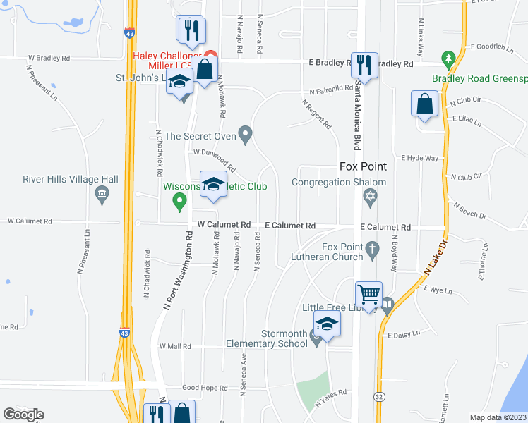 map of restaurants, bars, coffee shops, grocery stores, and more near 7603 North Fairchild Road in Fox Point