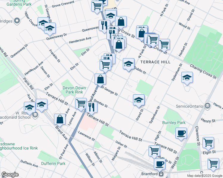 map of restaurants, bars, coffee shops, grocery stores, and more near 87 Saint George Street in Brantford