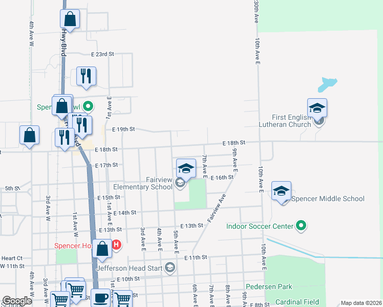 map of restaurants, bars, coffee shops, grocery stores, and more near 528 East 17th Street in Spencer