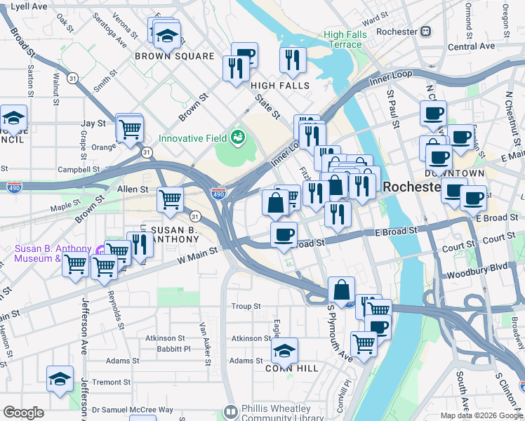 map of restaurants, bars, coffee shops, grocery stores, and more near 25 North Washington Street in Rochester