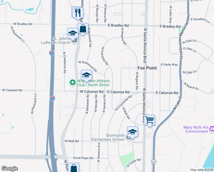 map of restaurants, bars, coffee shops, grocery stores, and more near 7603 North Fairchild Road in Fox Point