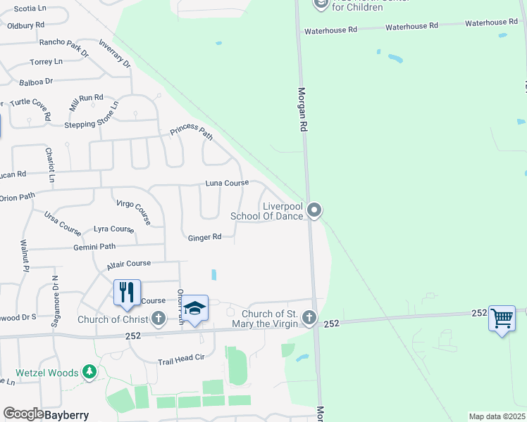 map of restaurants, bars, coffee shops, grocery stores, and more near 7960 Caraway Drive in Liverpool