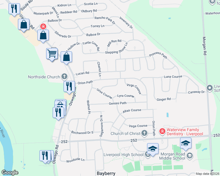 map of restaurants, bars, coffee shops, grocery stores, and more near 4205 Ursa Course in Liverpool