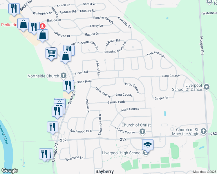 map of restaurants, bars, coffee shops, grocery stores, and more near 4206 Regulus Course in Liverpool