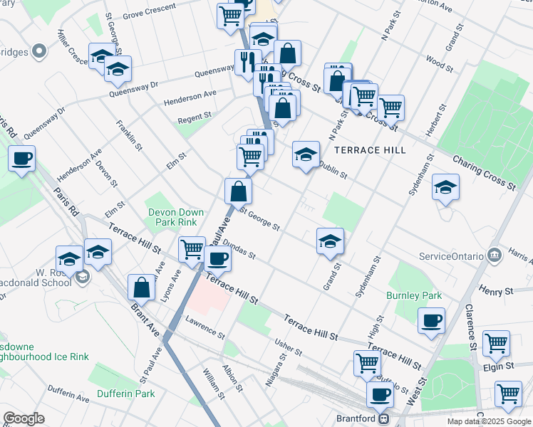 map of restaurants, bars, coffee shops, grocery stores, and more near 87 Saint George Street in Brantford