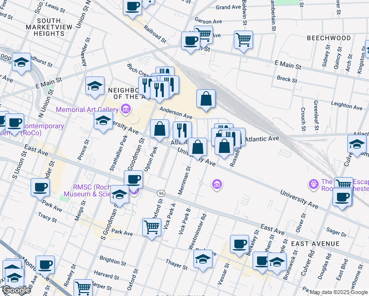 map of restaurants, bars, coffee shops, grocery stores, and more near 745 University Avenue in Rochester