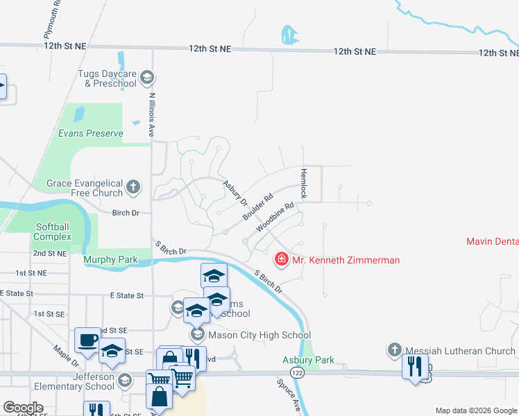 map of restaurants, bars, coffee shops, grocery stores, and more near 15 Boulder Road in Mason City