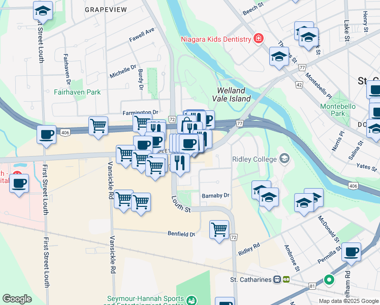 map of restaurants, bars, coffee shops, grocery stores, and more near 1338 Fourth Avenue in Saint Catharines