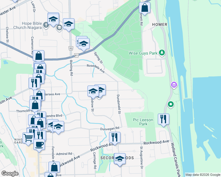 map of restaurants, bars, coffee shops, grocery stores, and more near 47 Bloomfield Avenue in St. Catharines