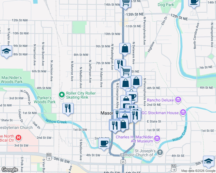 map of restaurants, bars, coffee shops, grocery stores, and more near 114 4th Street Northwest in Mason City