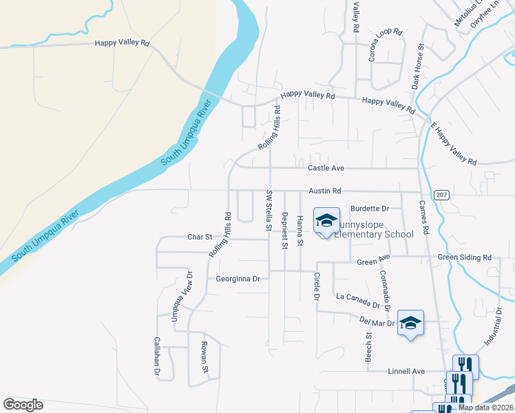 map of restaurants, bars, coffee shops, grocery stores, and more near 188 Columbia Loop Road in Roseburg