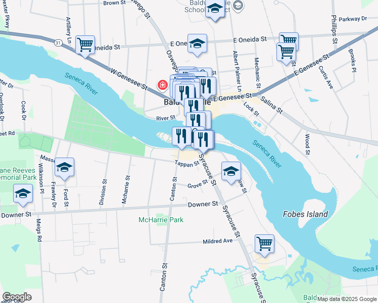 map of restaurants, bars, coffee shops, grocery stores, and more near 22 Syracuse Street in Baldwinsville