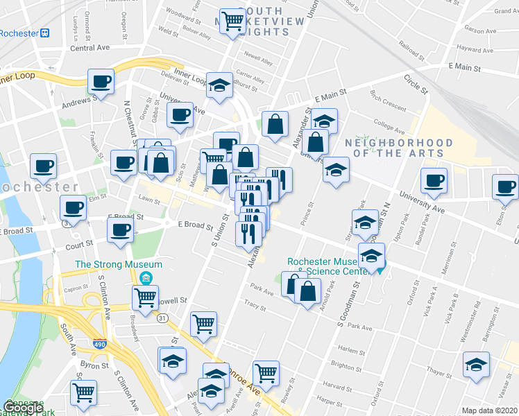 map of restaurants, bars, coffee shops, grocery stores, and more near 353 East Avenue in Rochester