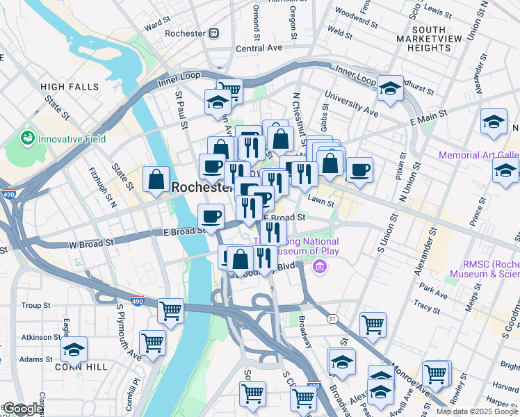 map of restaurants, bars, coffee shops, grocery stores, and more near 110 South Clinton Avenue in Rochester
