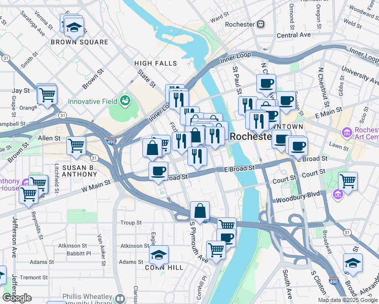 map of restaurants, bars, coffee shops, grocery stores, and more near 53 West Main Street in Rochester