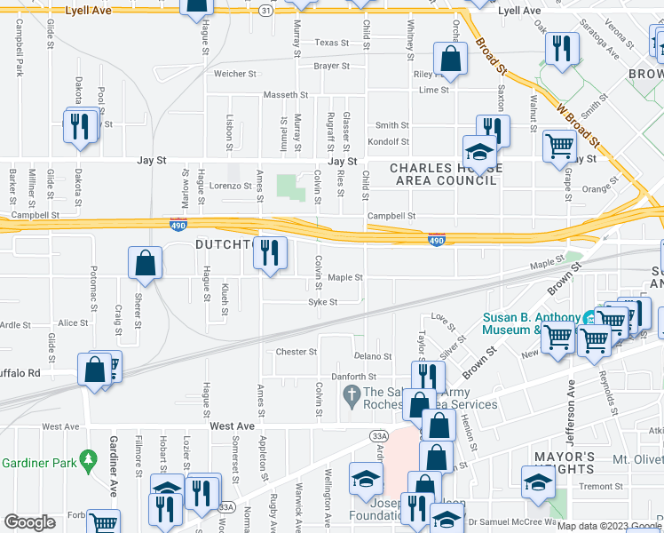 map of restaurants, bars, coffee shops, grocery stores, and more near 553 Maple Street in Rochester