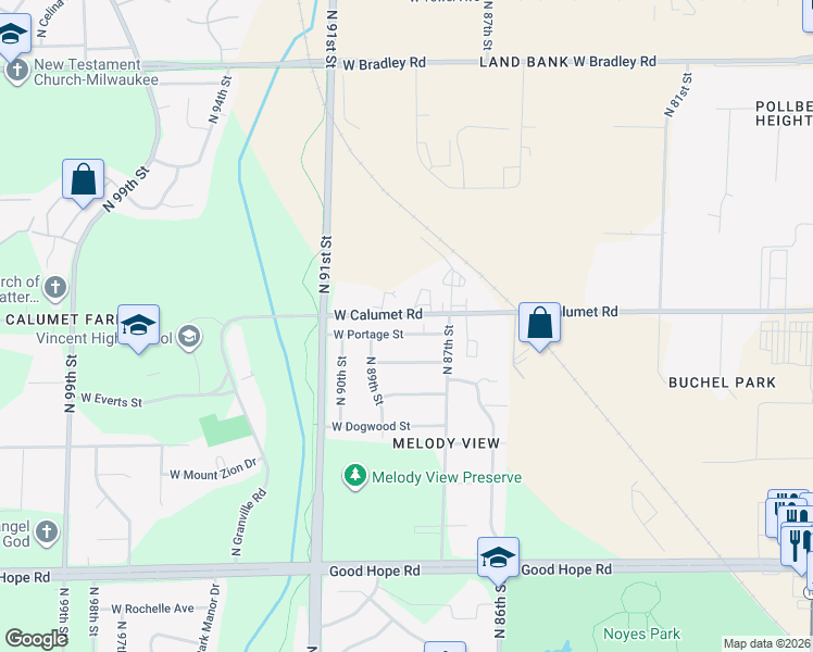 map of restaurants, bars, coffee shops, grocery stores, and more near 8747 West Portage Street in Milwaukee