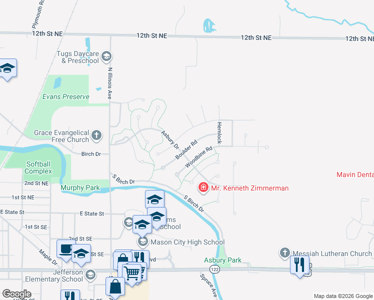map of restaurants, bars, coffee shops, grocery stores, and more near 15 Boulder Road in Mason City