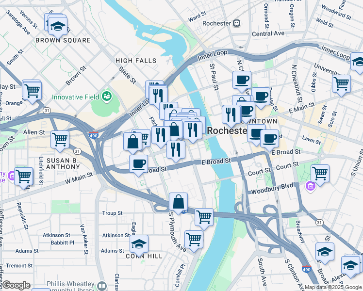map of restaurants, bars, coffee shops, grocery stores, and more near 16 West Main Street in Rochester