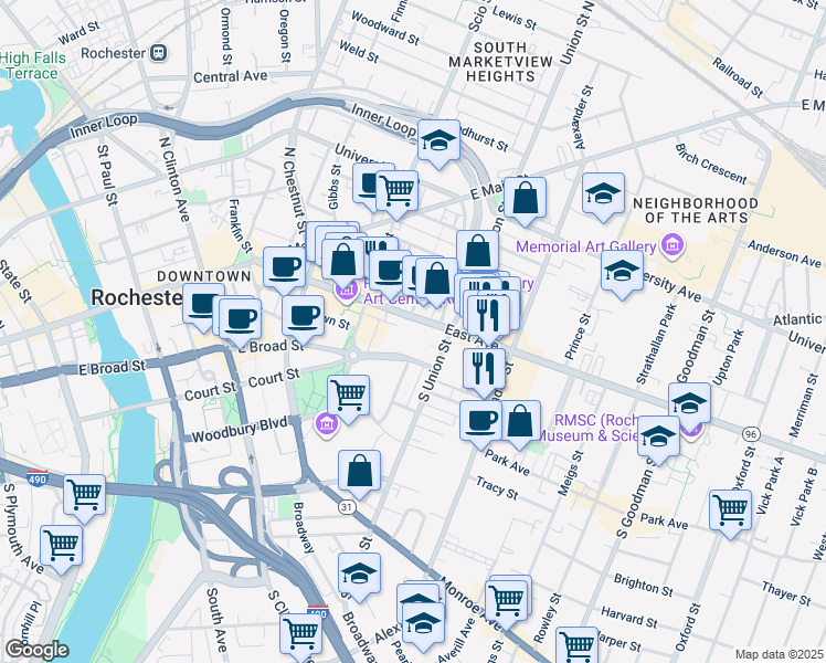 map of restaurants, bars, coffee shops, grocery stores, and more near 225 New York 96 in Rochester
