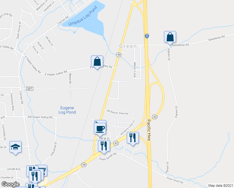 map of restaurants, bars, coffee shops, grocery stores, and more near 187 Meadowbrook Street in Roseburg