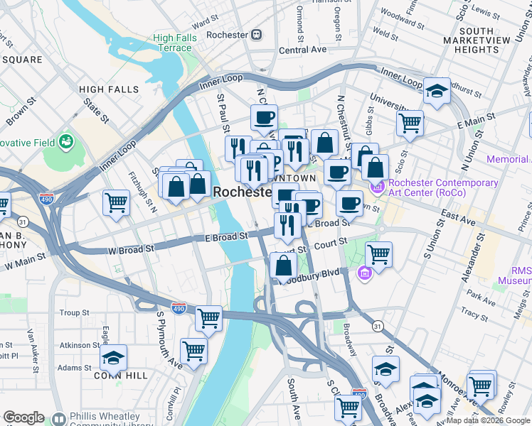 map of restaurants, bars, coffee shops, grocery stores, and more near 49 Stone Street in Rochester