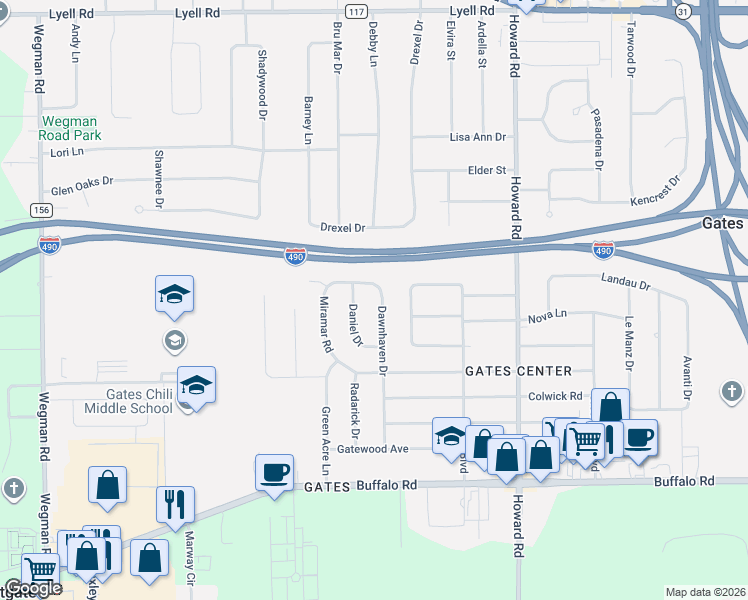 map of restaurants, bars, coffee shops, grocery stores, and more near 27 Dawnhaven Drive in Rochester