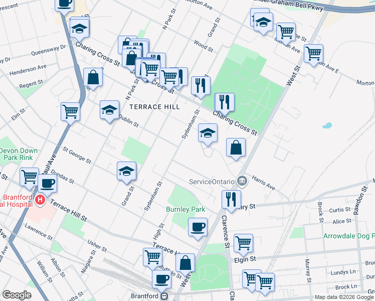 map of restaurants, bars, coffee shops, grocery stores, and more near 213 Sydenham Street in Brantford