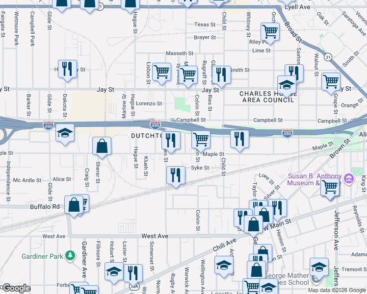 map of restaurants, bars, coffee shops, grocery stores, and more near 659 Maple Street in Rochester