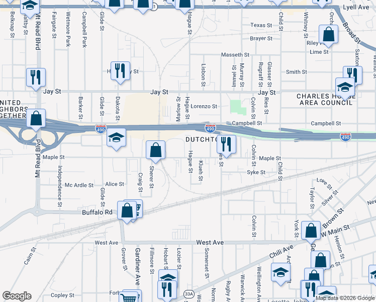 map of restaurants, bars, coffee shops, grocery stores, and more near 813 Maple Street in Rochester