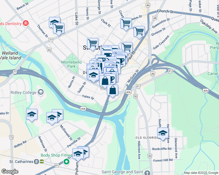 map of restaurants, bars, coffee shops, grocery stores, and more near 3 Ontario Lane in Saint Catharines
