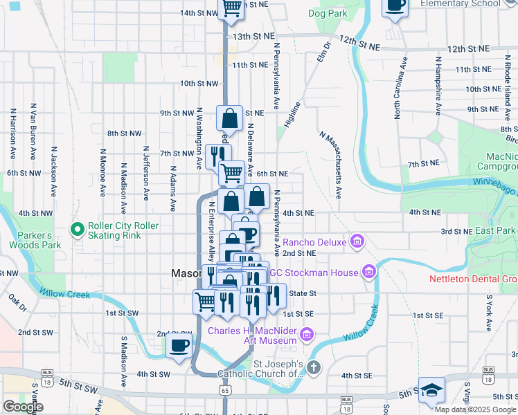 map of restaurants, bars, coffee shops, grocery stores, and more near 108 4th Street Northeast in Mason City