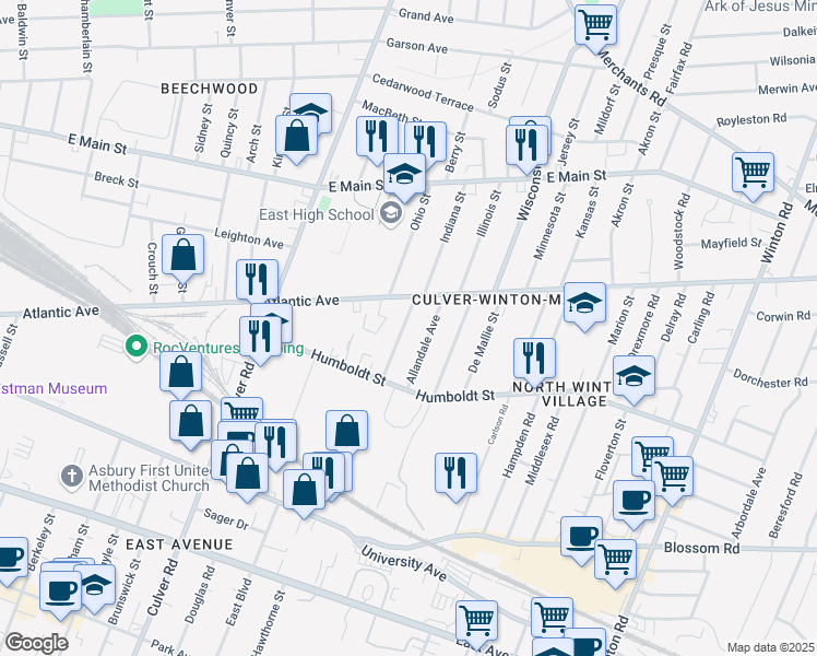 map of restaurants, bars, coffee shops, grocery stores, and more near 56 Allandale Avenue in Rochester