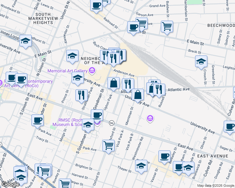 map of restaurants, bars, coffee shops, grocery stores, and more near 26 Rundel Park in Rochester
