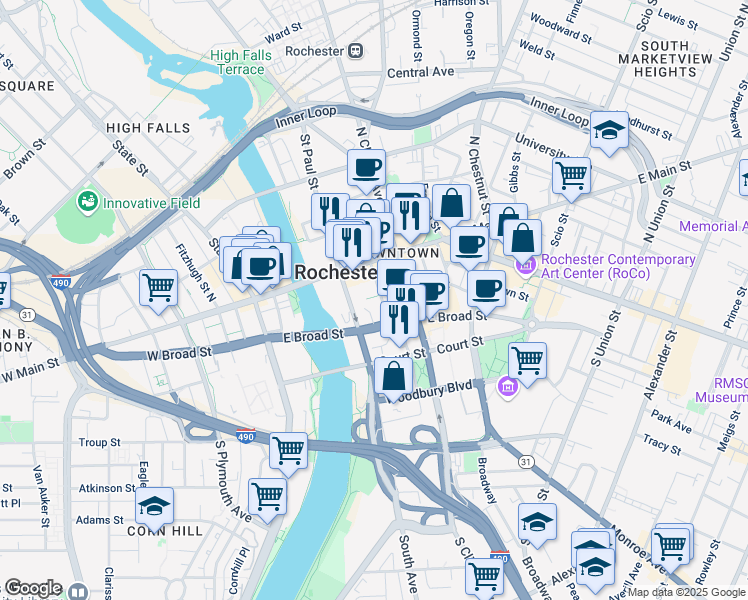 map of restaurants, bars, coffee shops, grocery stores, and more near 71 Stone Street in Rochester