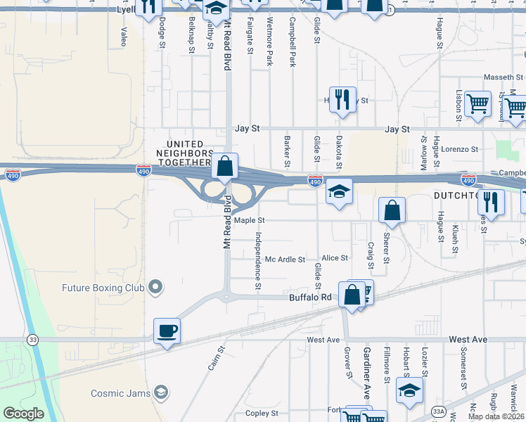 map of restaurants, bars, coffee shops, grocery stores, and more near 209 Independence Street in Rochester
